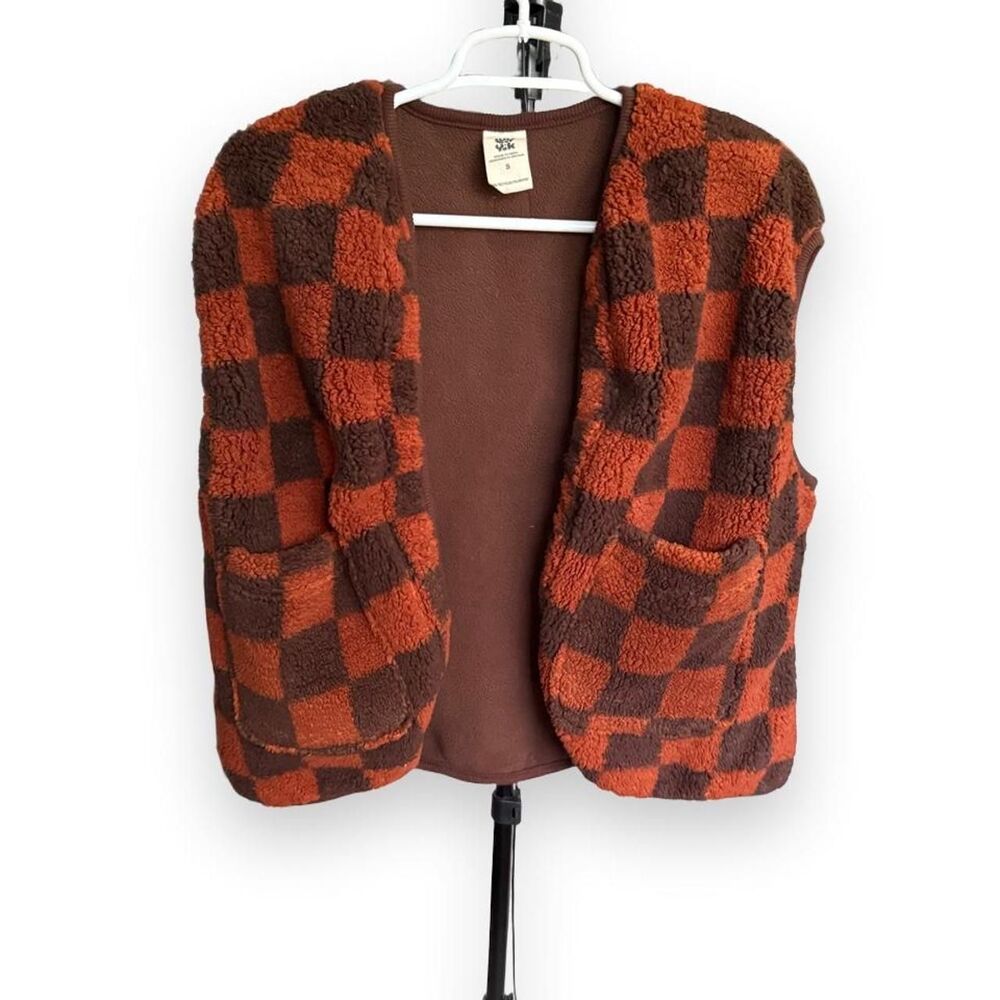Lucy & Yak Checkered Sherpa Fleece Vest Brown Orange Women's Small